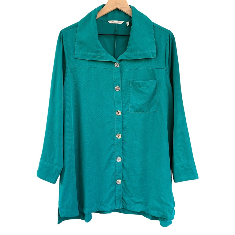 Soft Surroundings Teal Tencel Lyocell Button Front Tunic Top Size XL